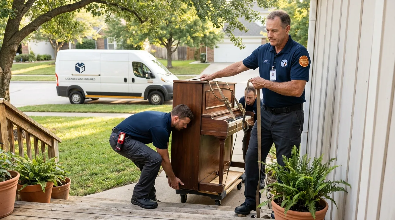 Licensed piano movers securing grand piano in Wingate, NC