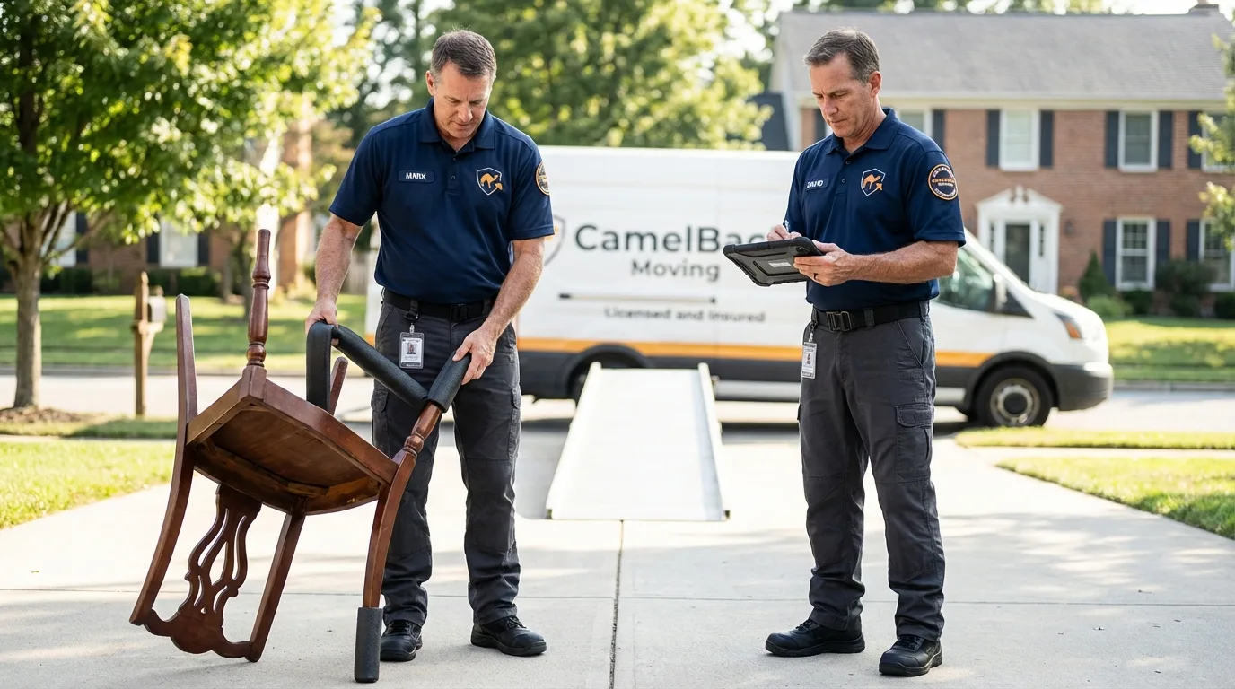 Movers inspecting furniture for damage prevention before loading in Wingate, NC