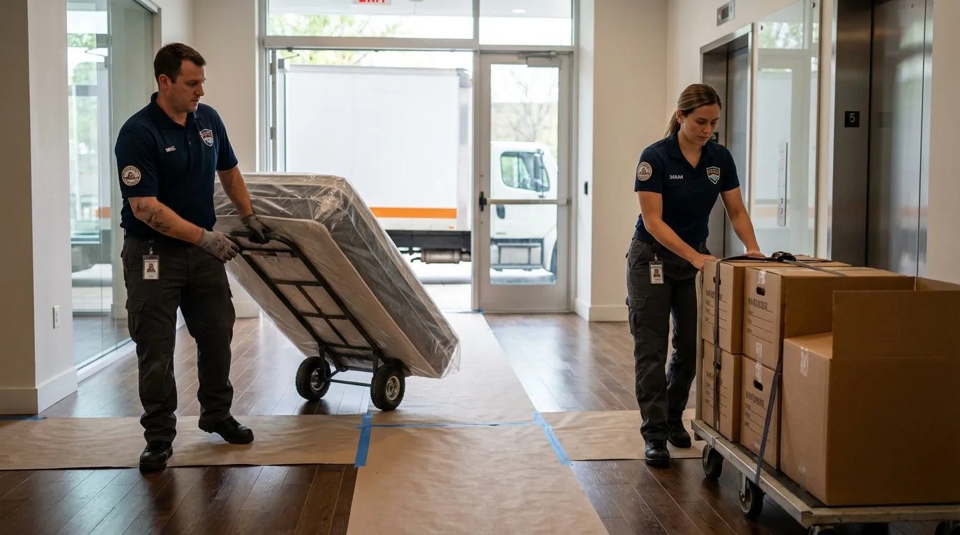 Professional apartment movers loading elevator in Wingate, NC