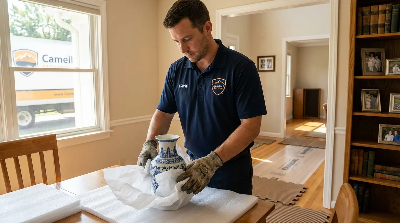 Professional crew carefully wrapping antique vase for senior downsizing move in Wingate, NC